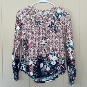 Lucky Brand Floral Cutout Boho Keyhole Knit Elastic Cuffs Shirt Blouse Size XS